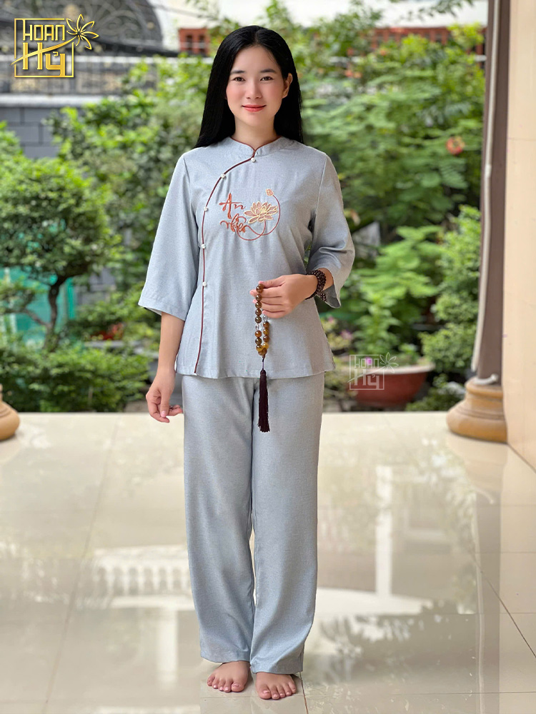 Bộ đồ lam đi chùa thêu An Nhiên - vải linen - màu lam