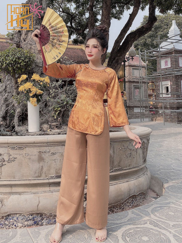 PP006 - Bộ áo bà cách tân đi chùa cổ tròn màu cam