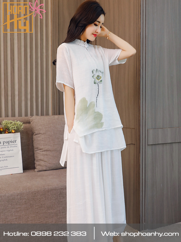 PP017 - Bộ quần áo ngồi thiền màu trắng cổ 2 giọt lệ 2 lớp áo - vải tơ đũi