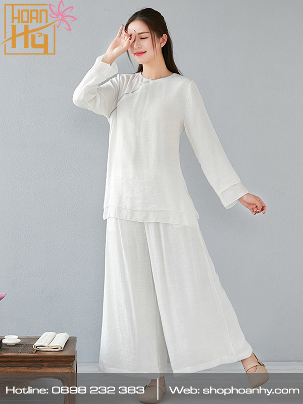 PP018 - Bộ quần áo ngồi thiền trơn cổ tròn 2 lớp áo - màu trắng