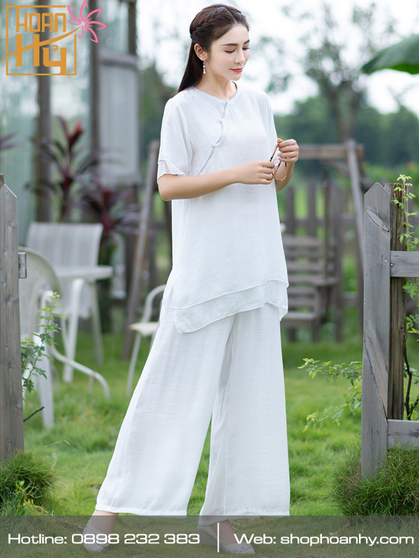 PP018 - Bộ quần áo ngồi thiền trơn cổ tròn 2 lớp áo - màu trắng