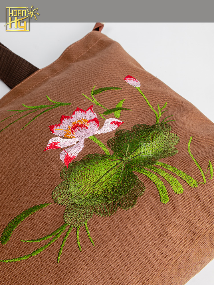 Túi xách nữ đi chùa thêu hoa sen - vải canvas - màu bò
