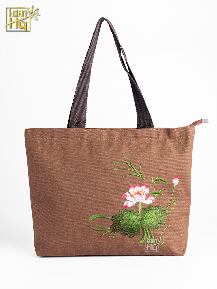 Túi xách nữ đi chùa thêu hoa sen - vải canvas - màu bò