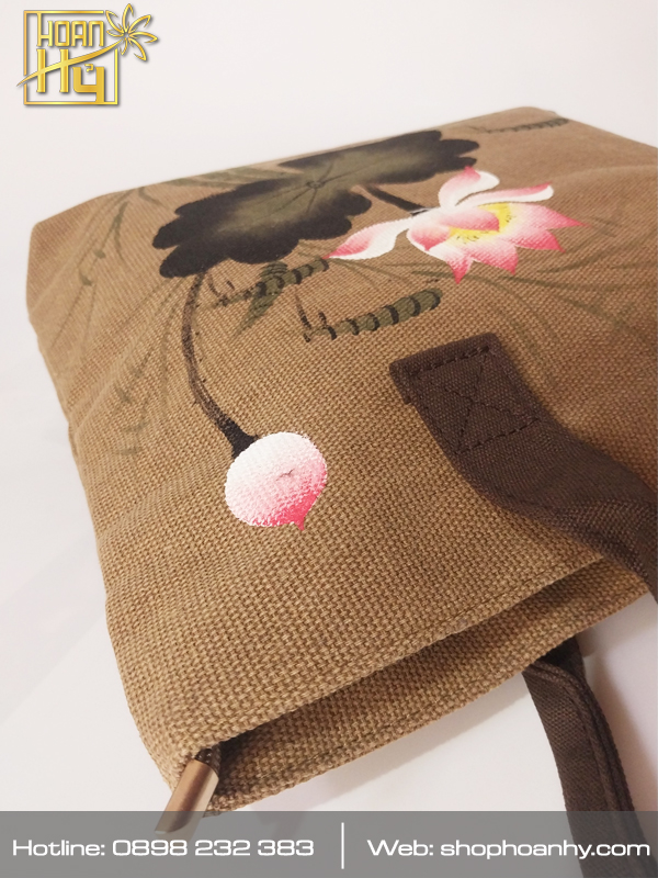 Túi vải đi chùa vẽ hoa sen hồng