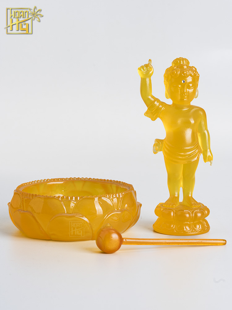 Bộ tượng Phật Đản Sanh cao 15cm nhựa lưu ly